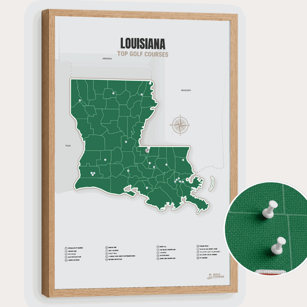 Map of Louisiana Golf Courses - Green - Pushpin - Wooden Frame