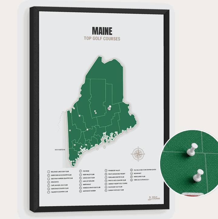 Map of Maine Golf Courses - Green - Pushpin - Black Frame