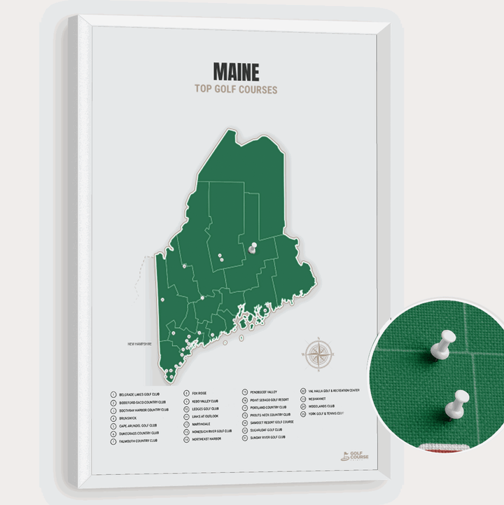 Map of Maine Golf Courses - Green - Pushpin - White Frame