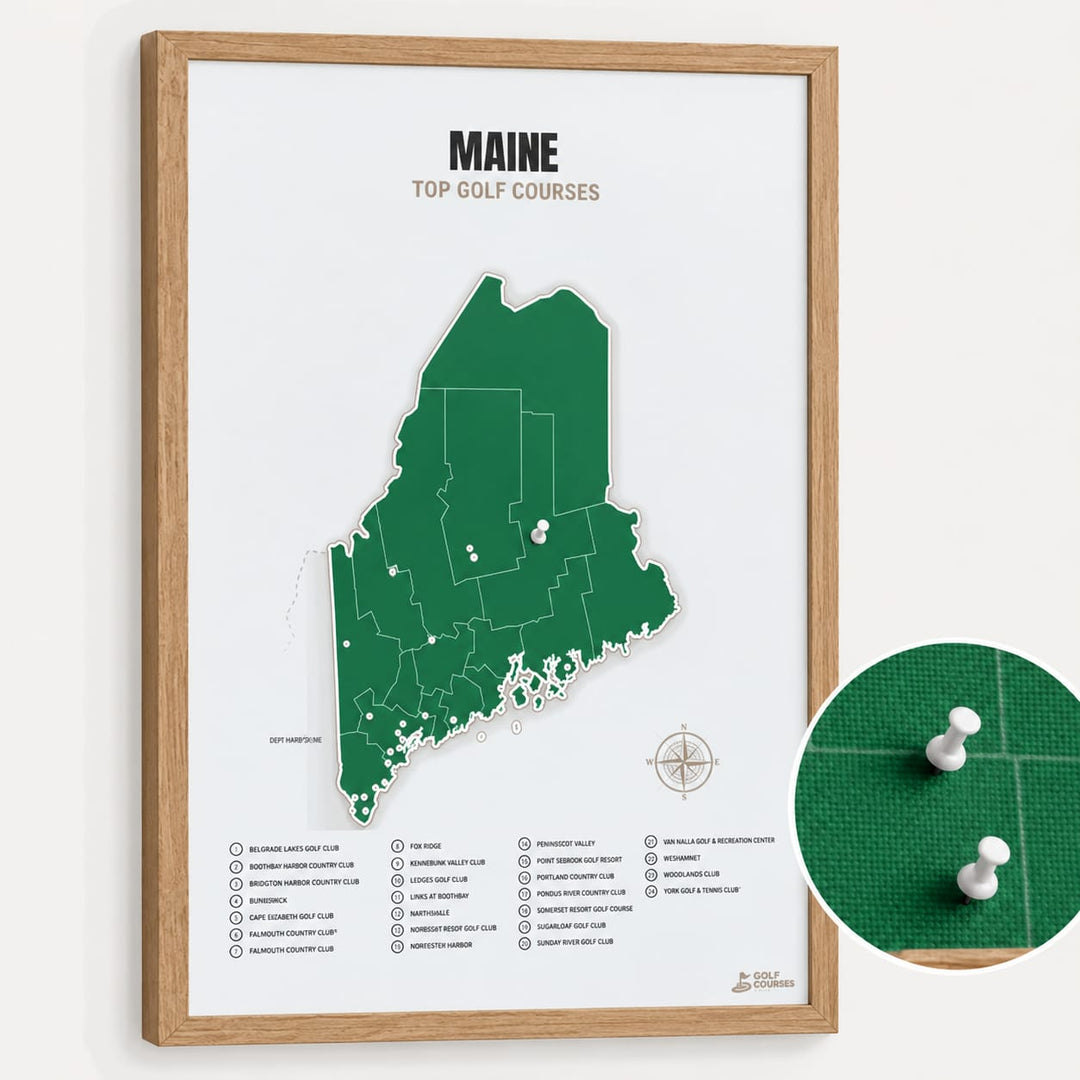 Map of Maine Golf Courses - Green - Pushpin - Wooden Frame