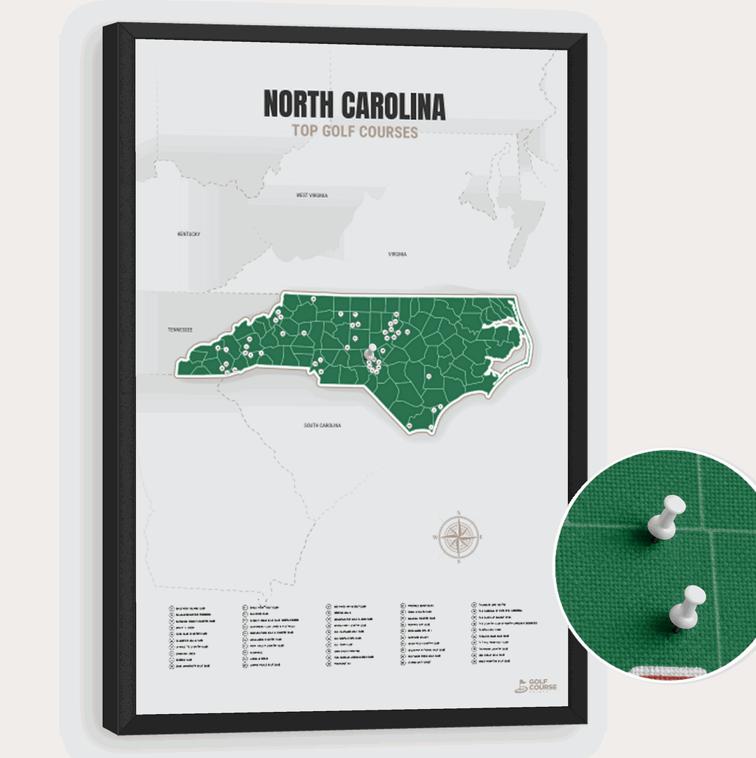 Map of North Carolina Golf Courses - Green - Pushpin - Black Frame