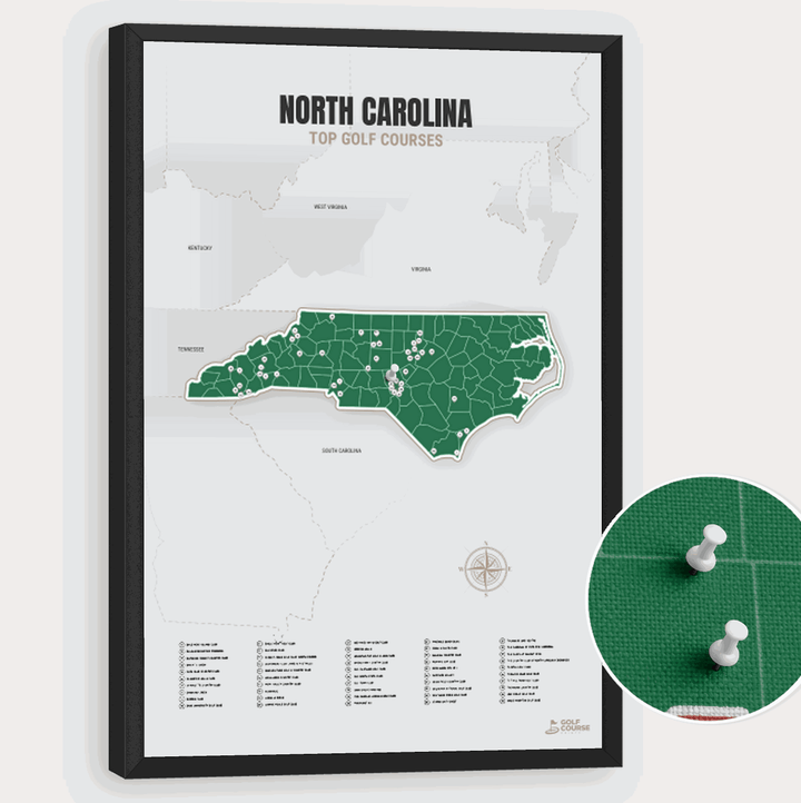Map of North Carolina Golf Courses - Green - Pushpin - Black Frame
