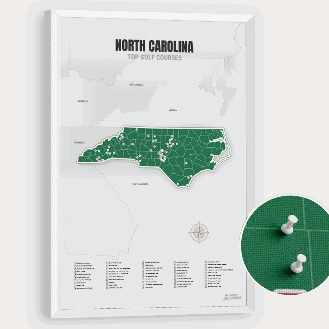 Map of North Carolina Golf Courses - Green - Pushpin - White Frame