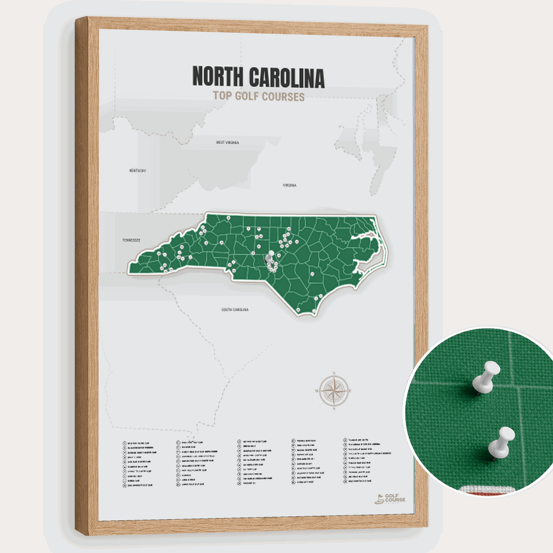 Map of North Carolina Golf Courses - Green - Pushpin - Wooden Frame