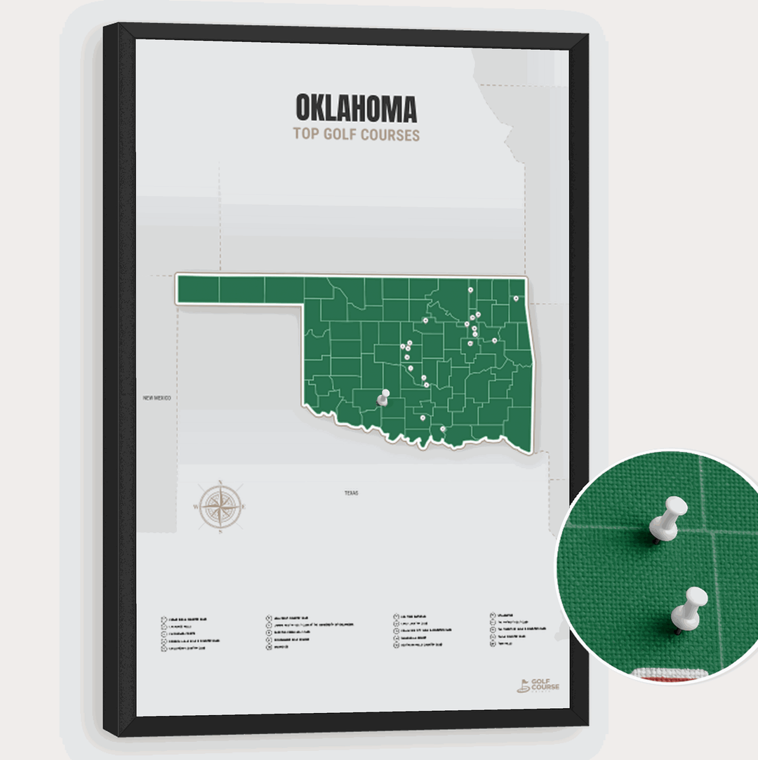 Map of Oklahoma Golf Courses - Green - Pushpin - Black Frame