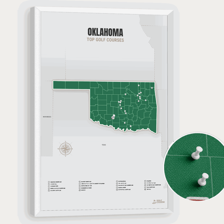 Map of Oklahoma Golf Courses - Green - Pushpin - White Frame