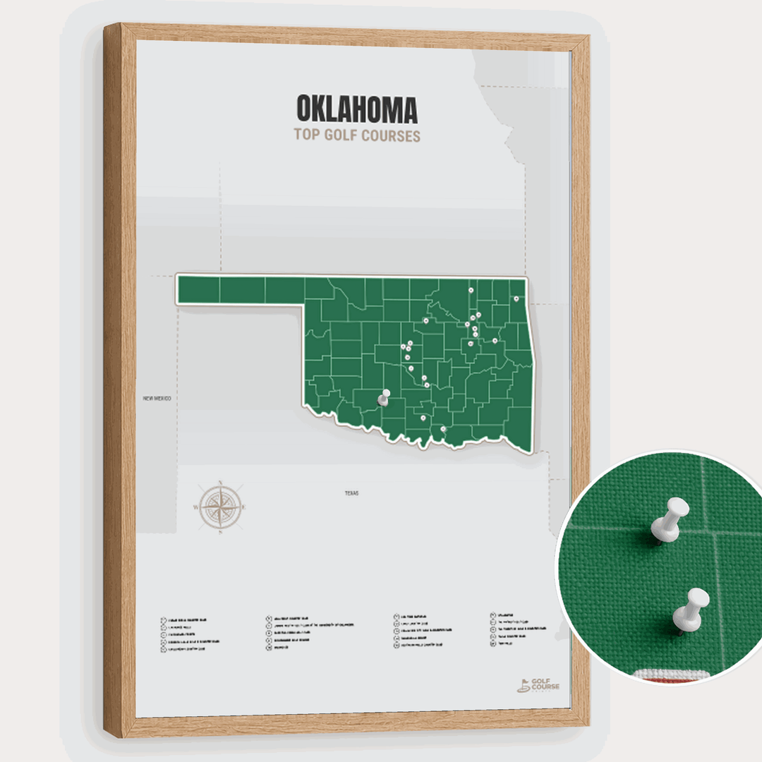 Map of Oklahoma Golf Courses - Green - Pushpin - Wooden Frame