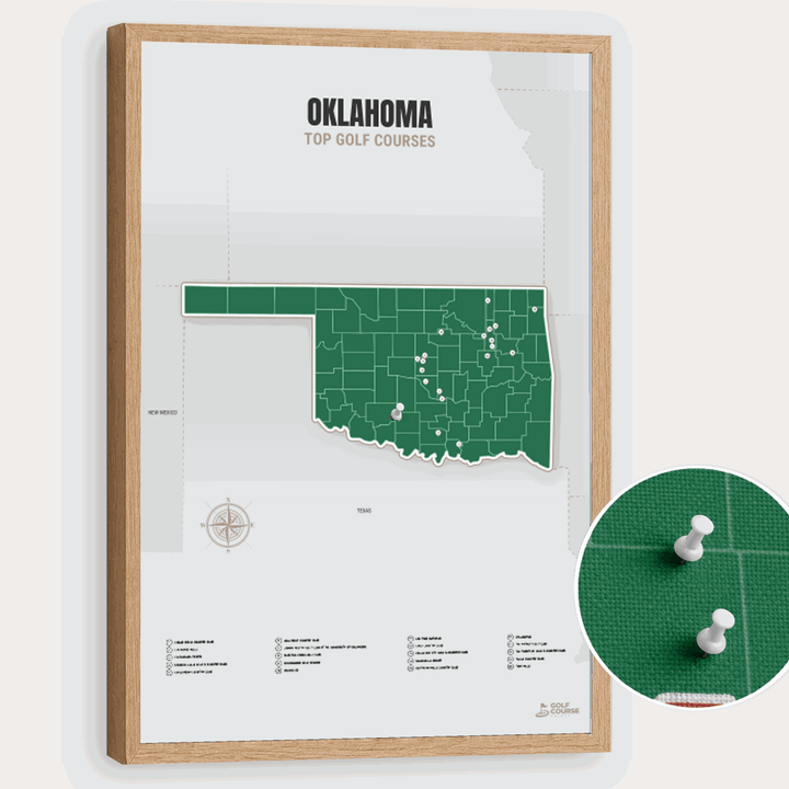 Map of Oklahoma Golf Courses - Green - Pushpin - Wooden Frame