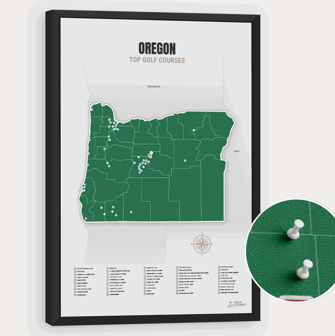 Map of Oregon Golf Courses - Green - Pushpin - Black Frame