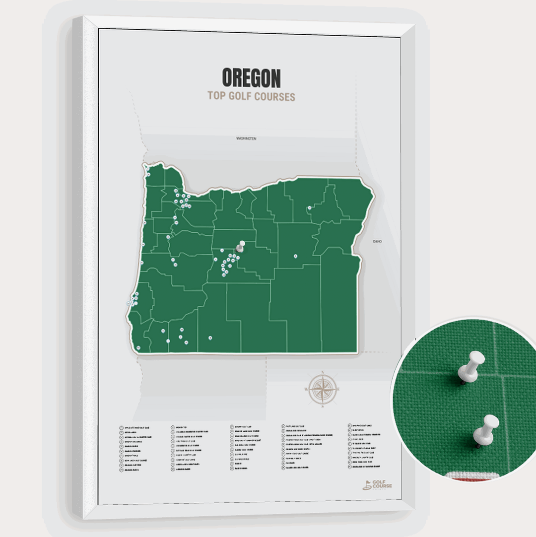 Map of Oregon Golf Courses - Green - Pushpin - White Frame
