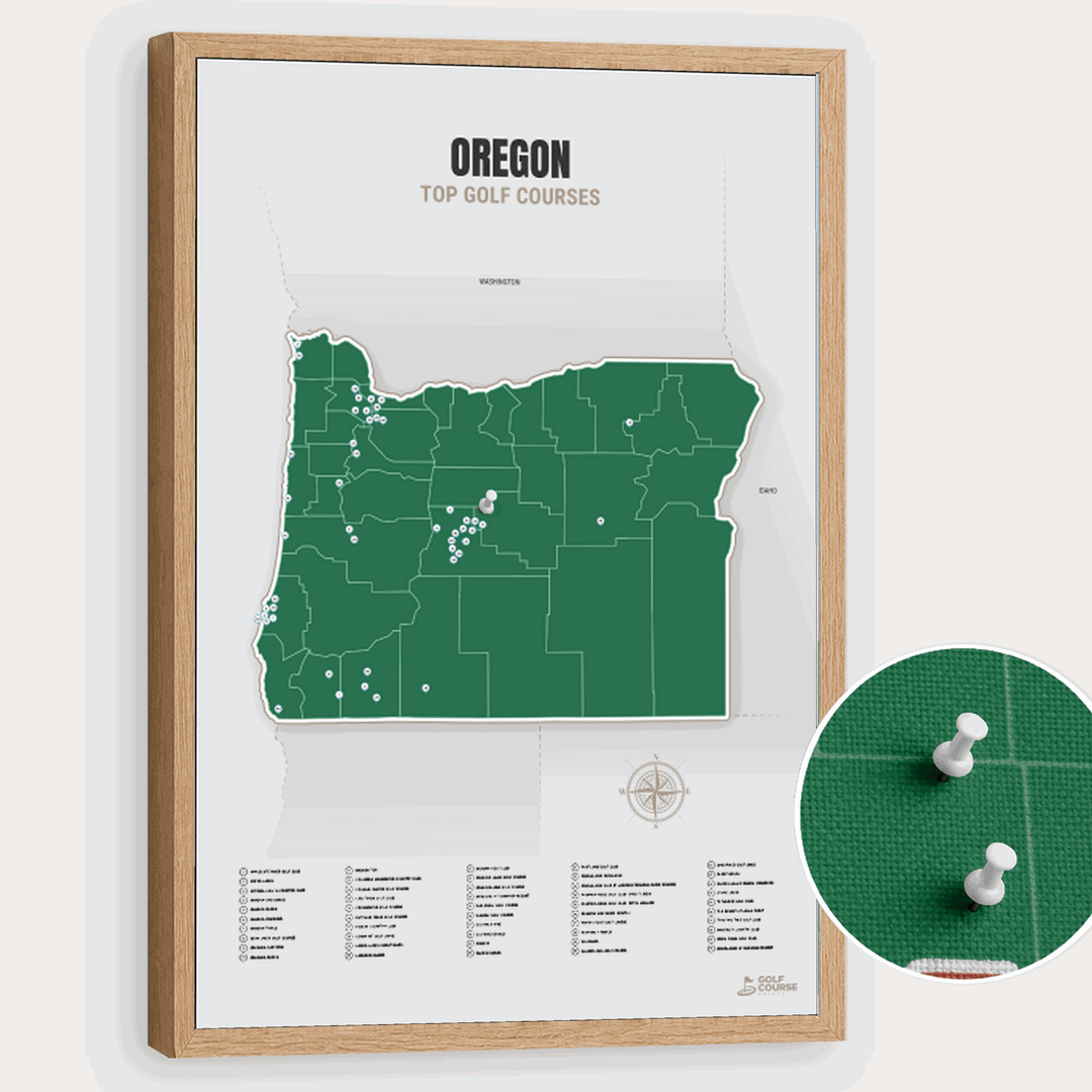 Map of Oregon Golf Courses - Green - Pushpin - Wooden Frame