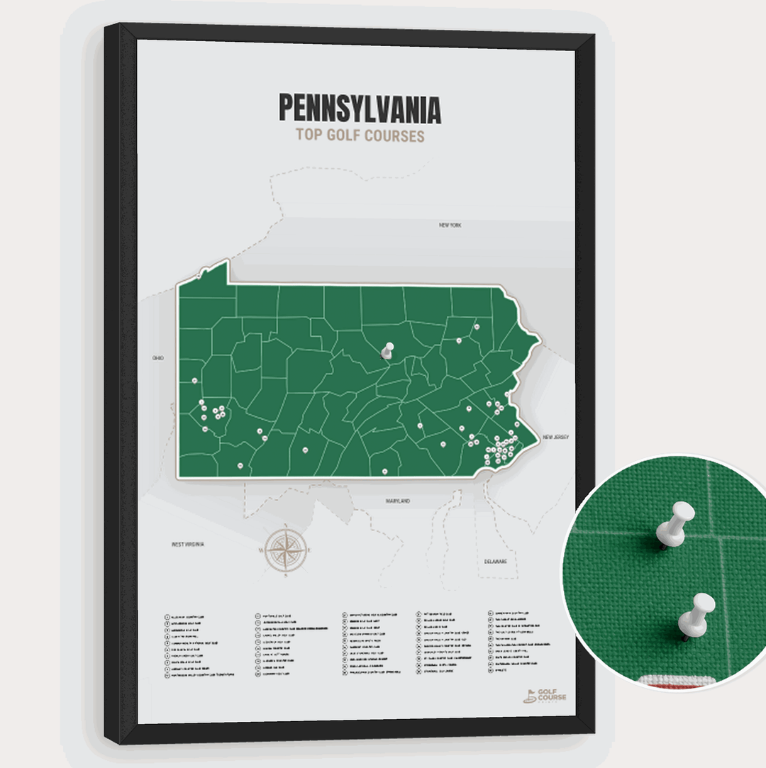 Map of Pennsylvania Golf Courses - Green - Pushpin - Black Frame