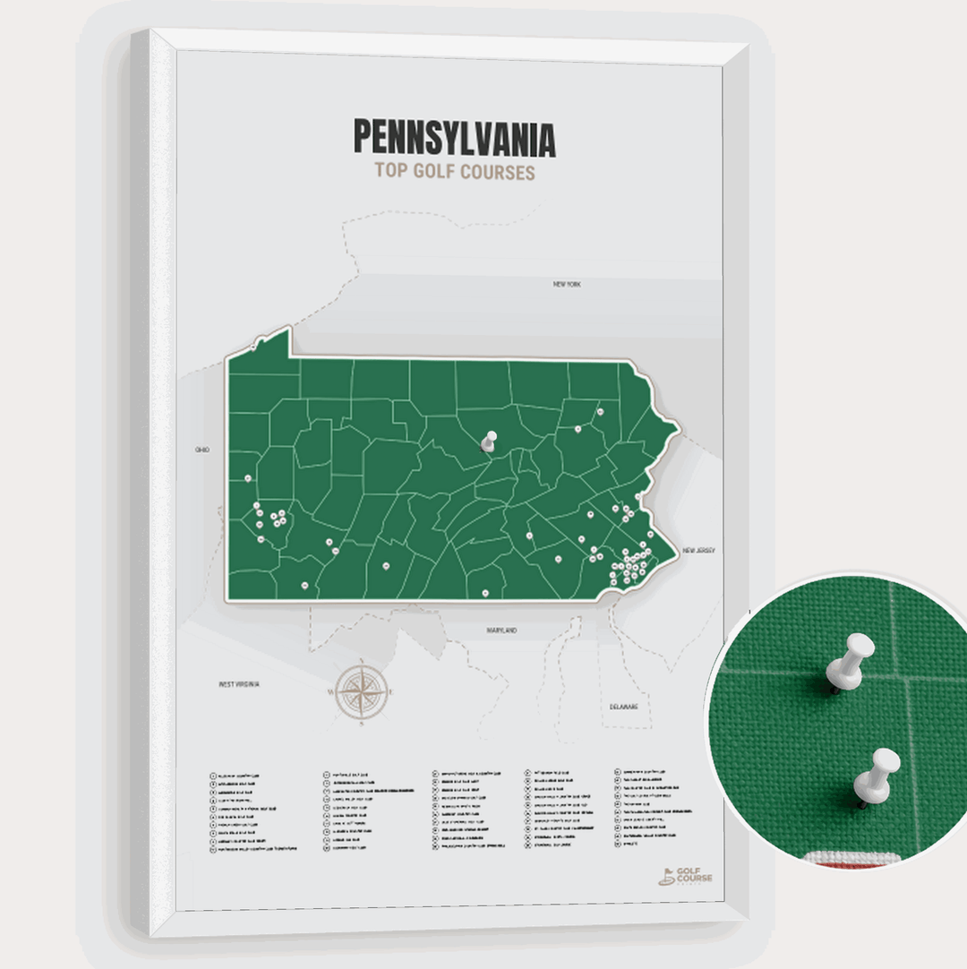 Map of Pennsylvania Golf Courses - Green - Pushpin - White Frame