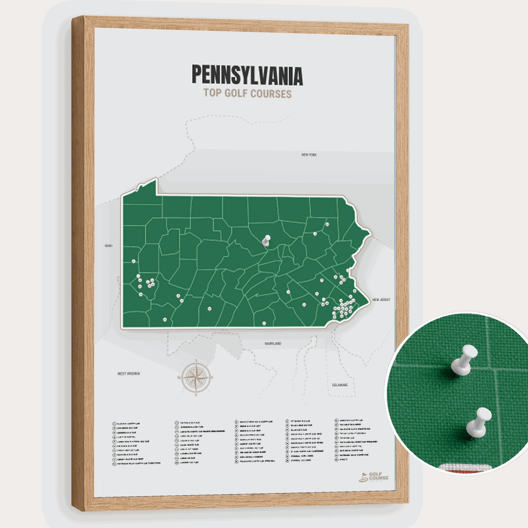 Map of Pennsylvania Golf Courses - Green - Pushpin - Wooden Frame