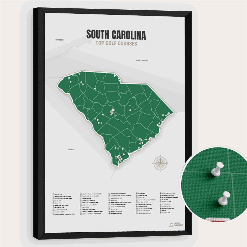 Map of South Carolina Golf Courses - Green - Pushpin - Black Frame