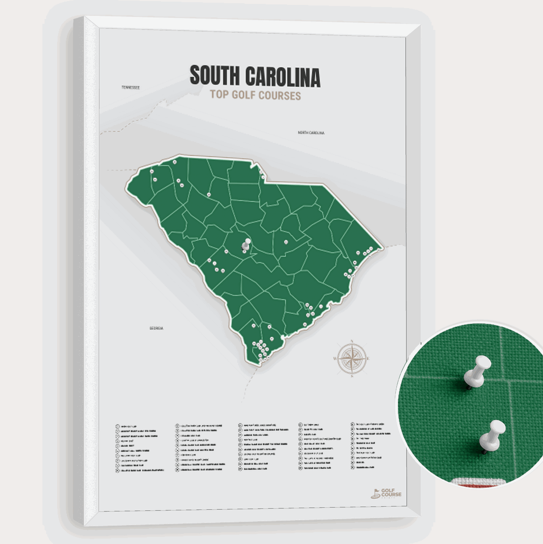 Map of South Carolina Golf Courses - Green - Pushpin - White Frame