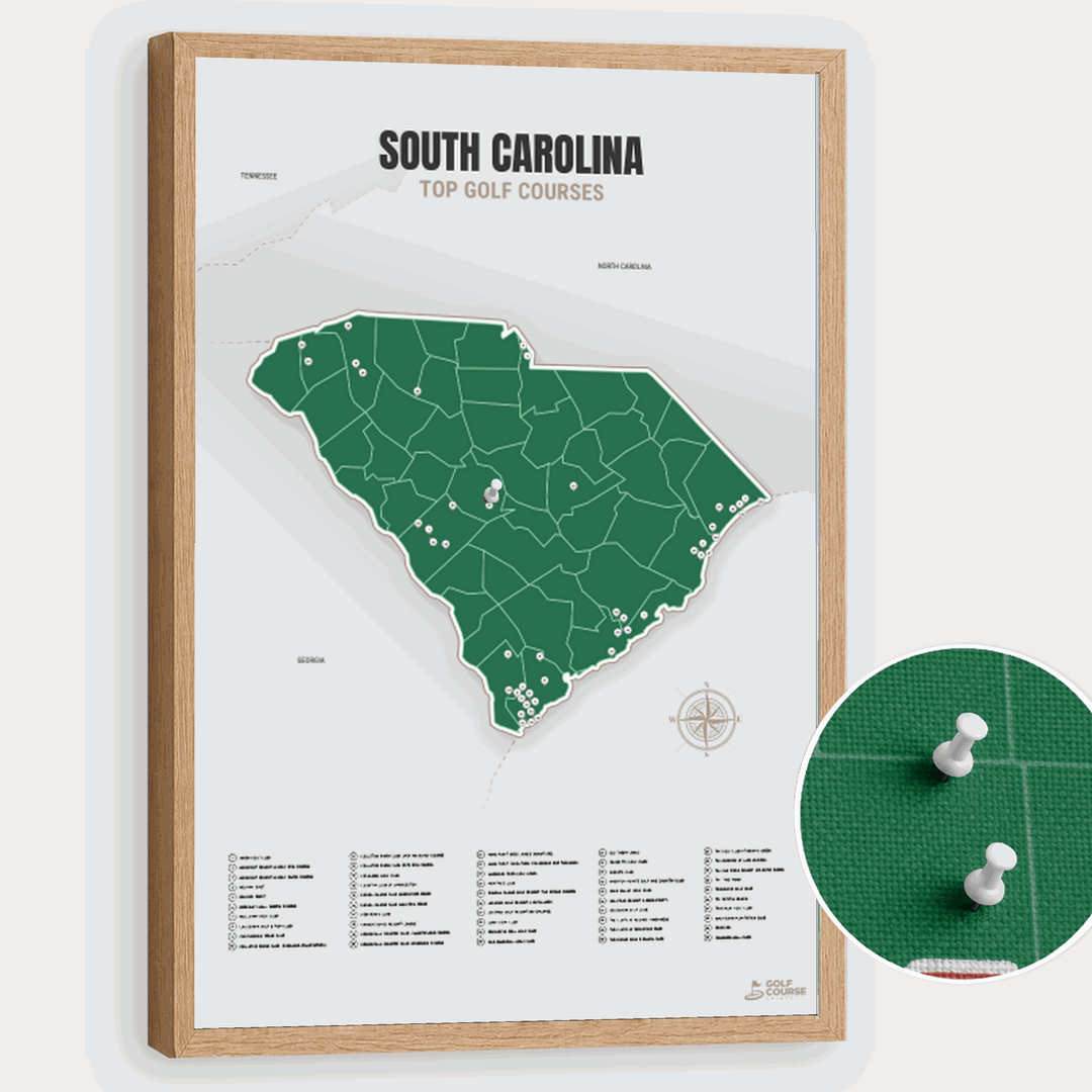 Map of South Carolina Golf Courses - Green - Pushpin - Wooden Frame