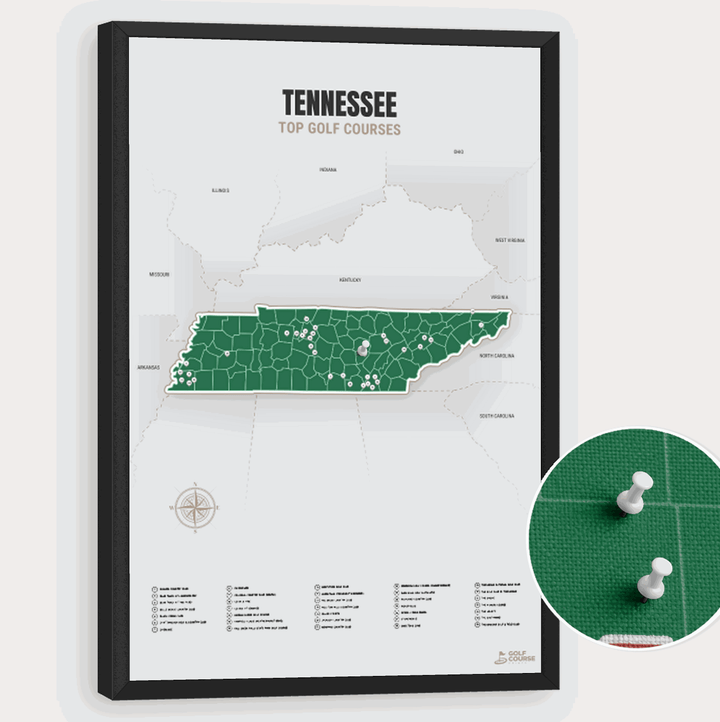 Map of Tennessee Golf Courses - Green - Pushpin - Black Frame