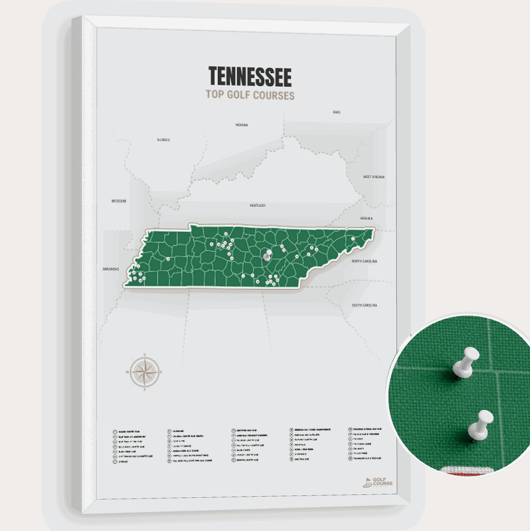 Map of Tennessee Golf Courses - Green - Pushpin - White Frame
