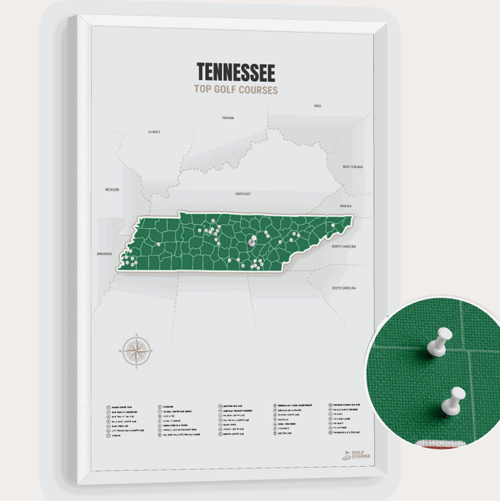 Map of Tennessee Golf Courses - Green - Pushpin - White Frame