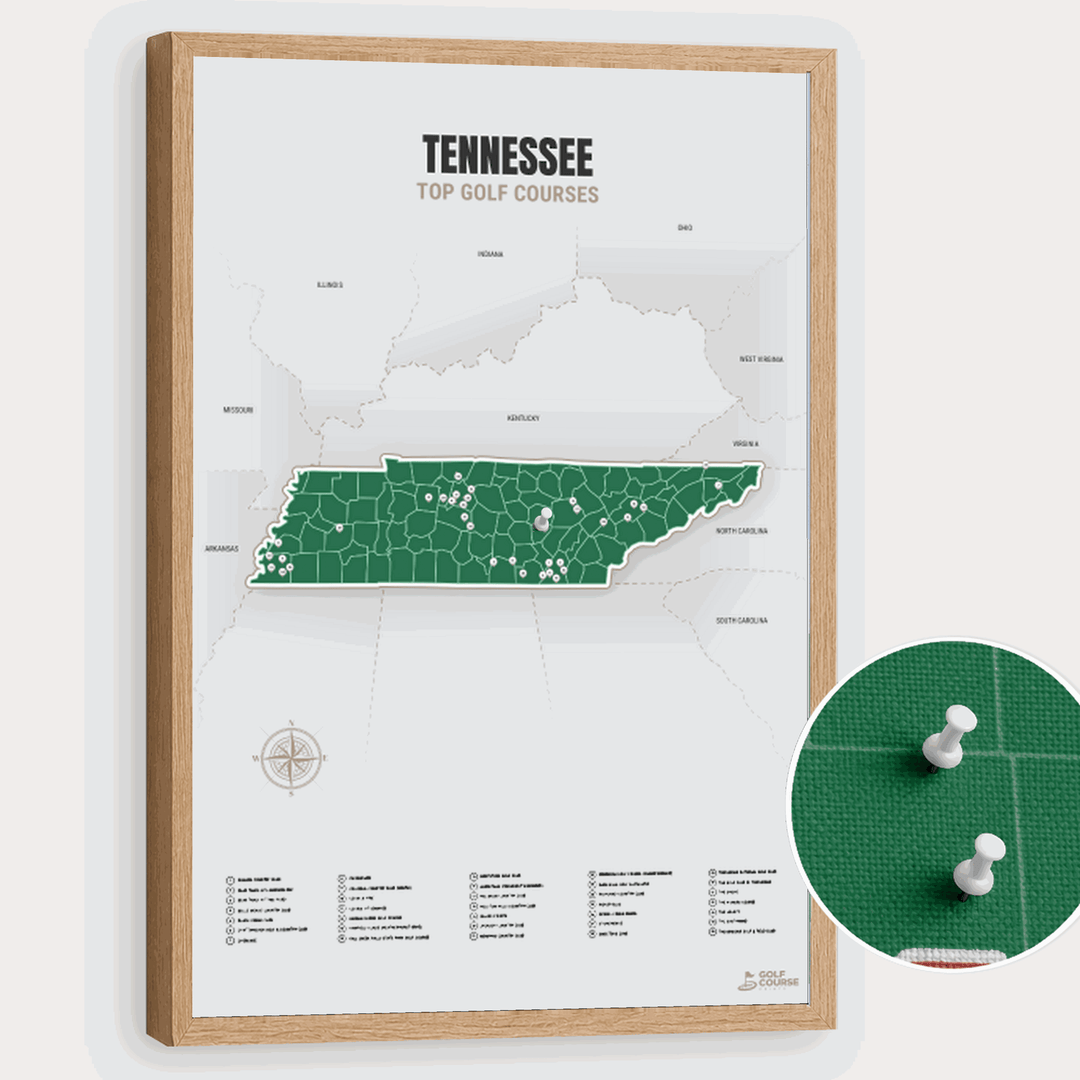 Map of Tennessee Golf Courses - Green - Pushpin - Wooden Frame