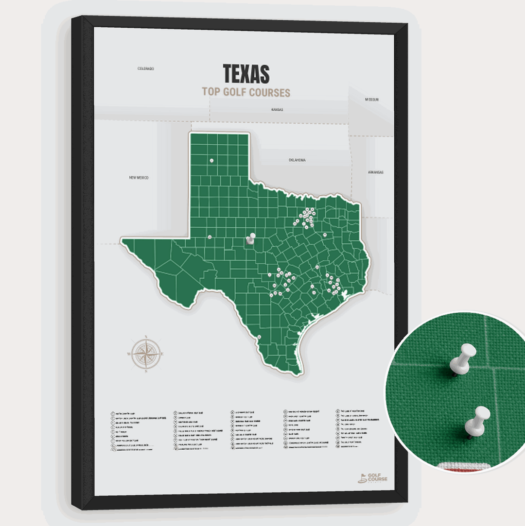 Map of Texas Golf Courses - Green - Pushpin - Black Frame