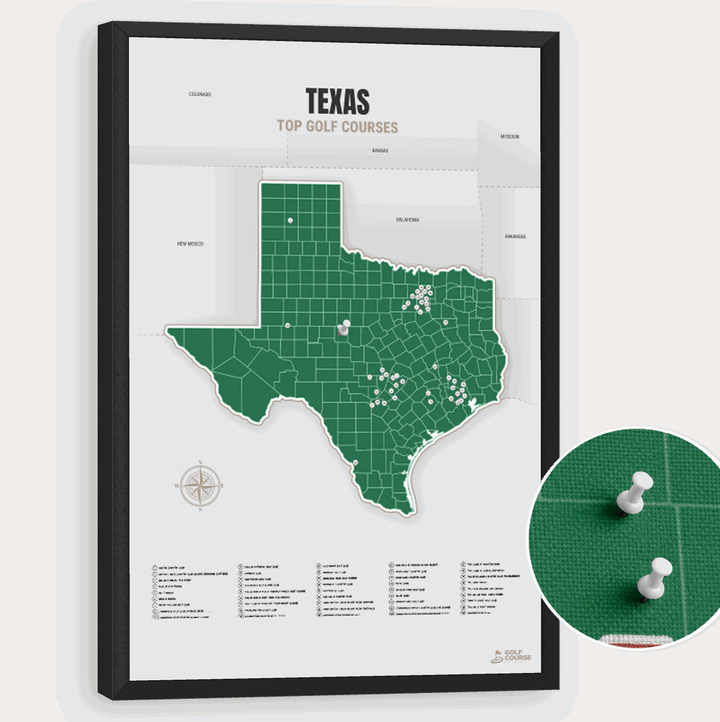 Map of Texas Golf Courses - Green - Pushpin - Black Frame