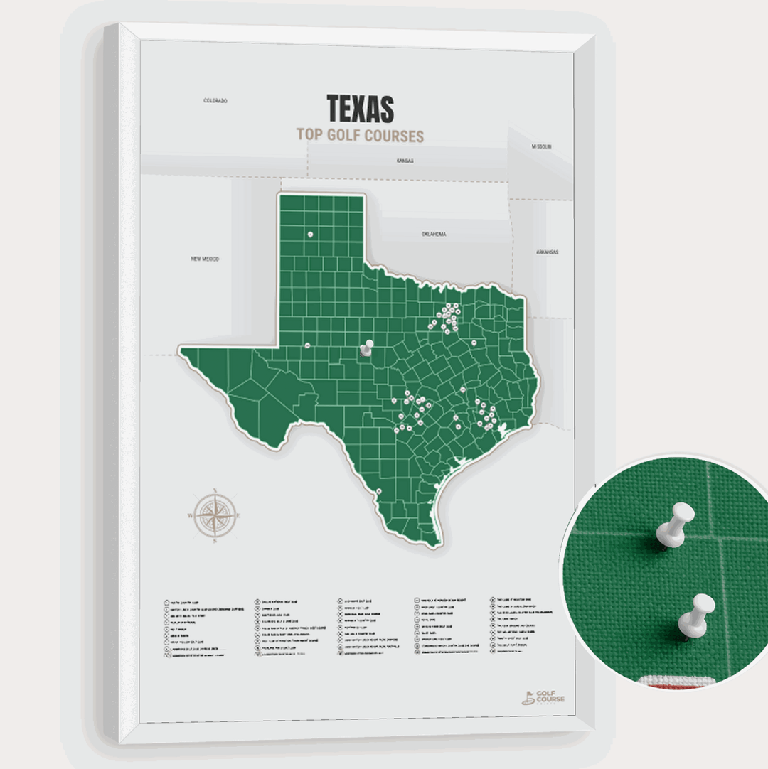 Map of Texas Golf Courses - Green - Pushpin - White Frame