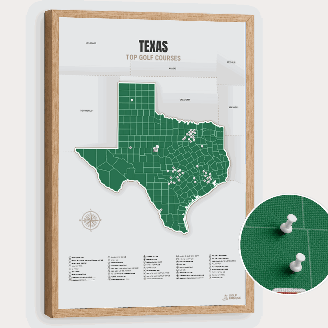 Map of Texas Golf Courses - Green - Pushpin - Wooden Frame