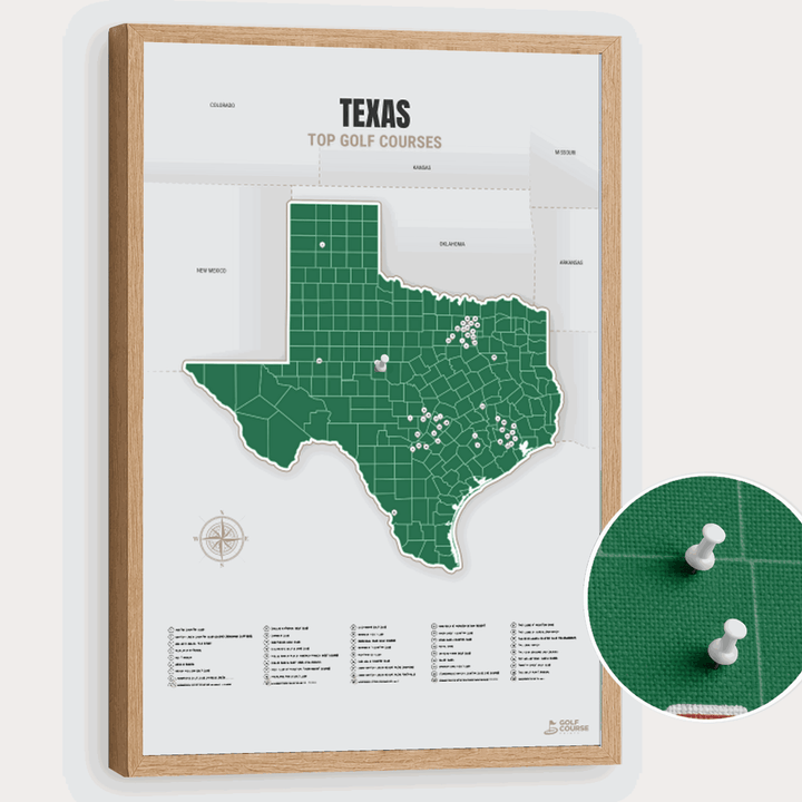 Map of Texas Golf Courses - Green - Pushpin - Wooden Frame