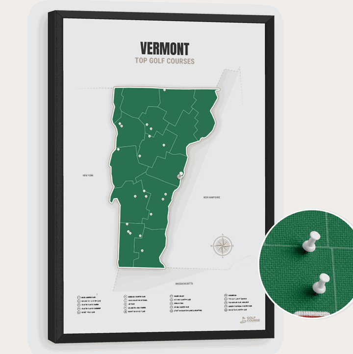 Map of Vermont Golf Courses - Green - Pushpin - Black Frame