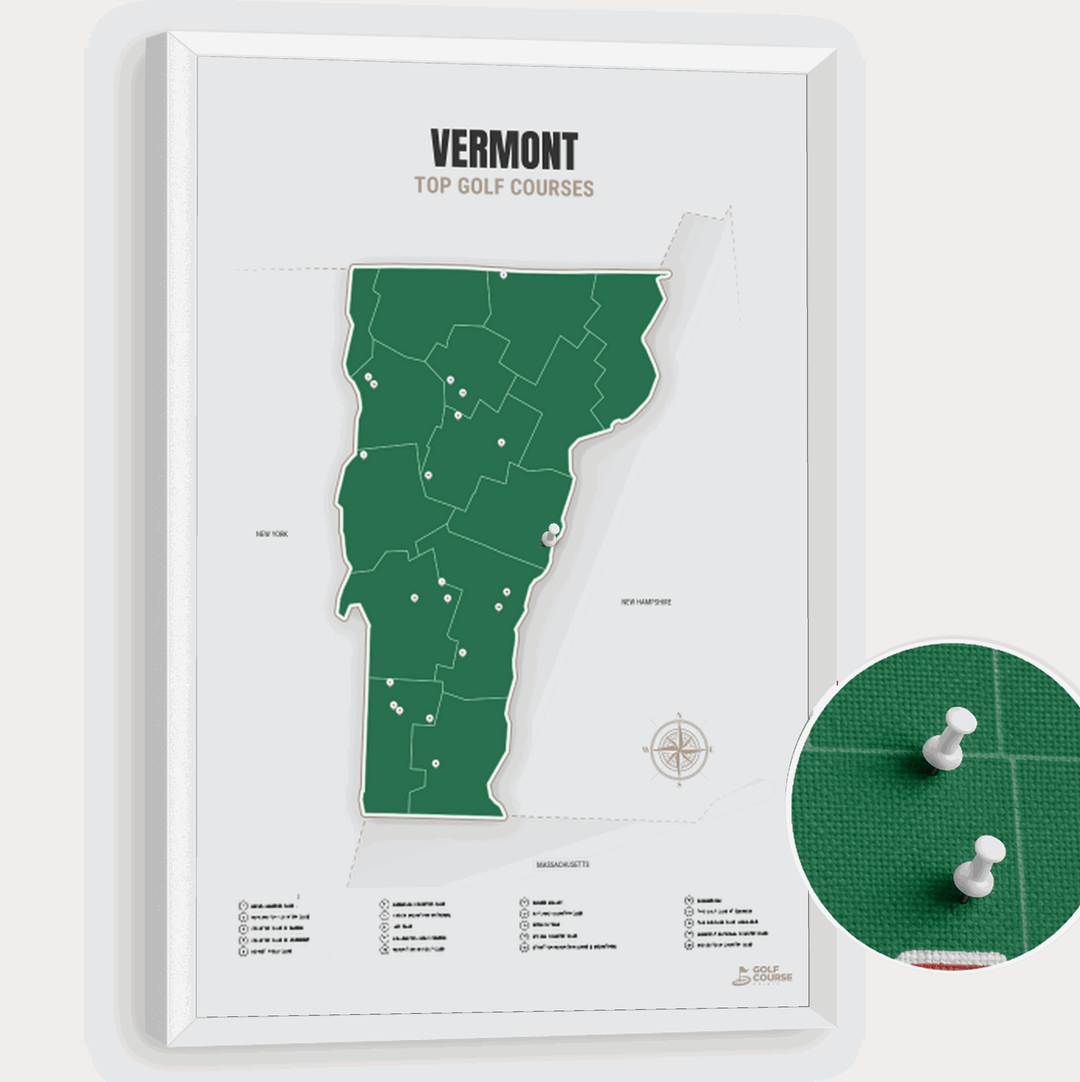 Map of Vermont Golf Courses - Green - Pushpin - White Frame