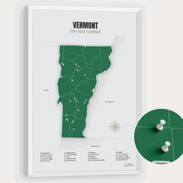 Map of Vermont Golf Courses - Green - Pushpin - White Frame