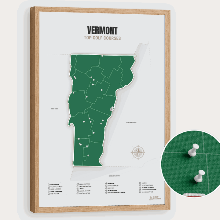 Map of Vermont Golf Courses - Green - Pushpin - Wooden Frame