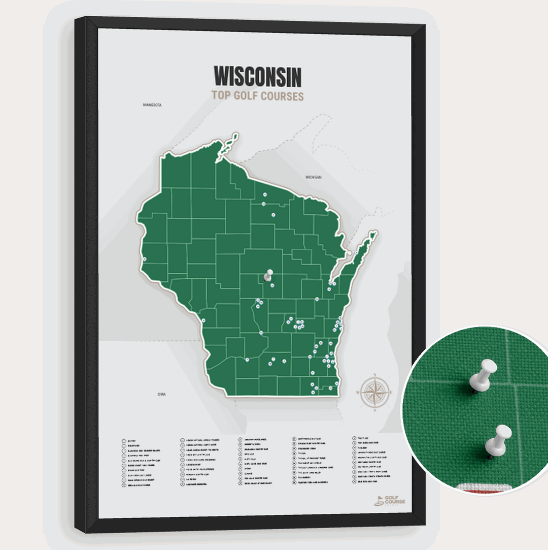 Map of Wisconsin Golf Courses - Green - Pushpin - Black Frame