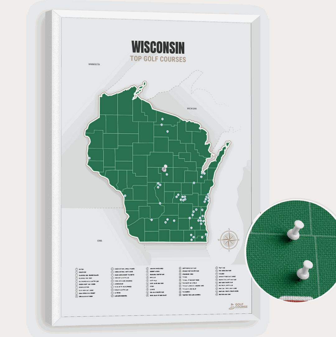 Map of Wisconsin Golf Courses - Green - Pushpin - White Frame