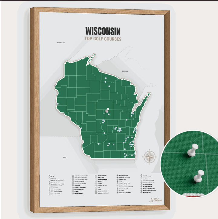 Map of Wisconsin Golf Courses - Green - Pushpin - Wooden Frame