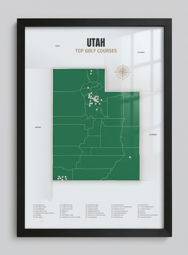 Utah golf courses map in Green - Black Framed