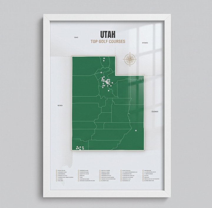 Utah golf courses map in Green - White Framed