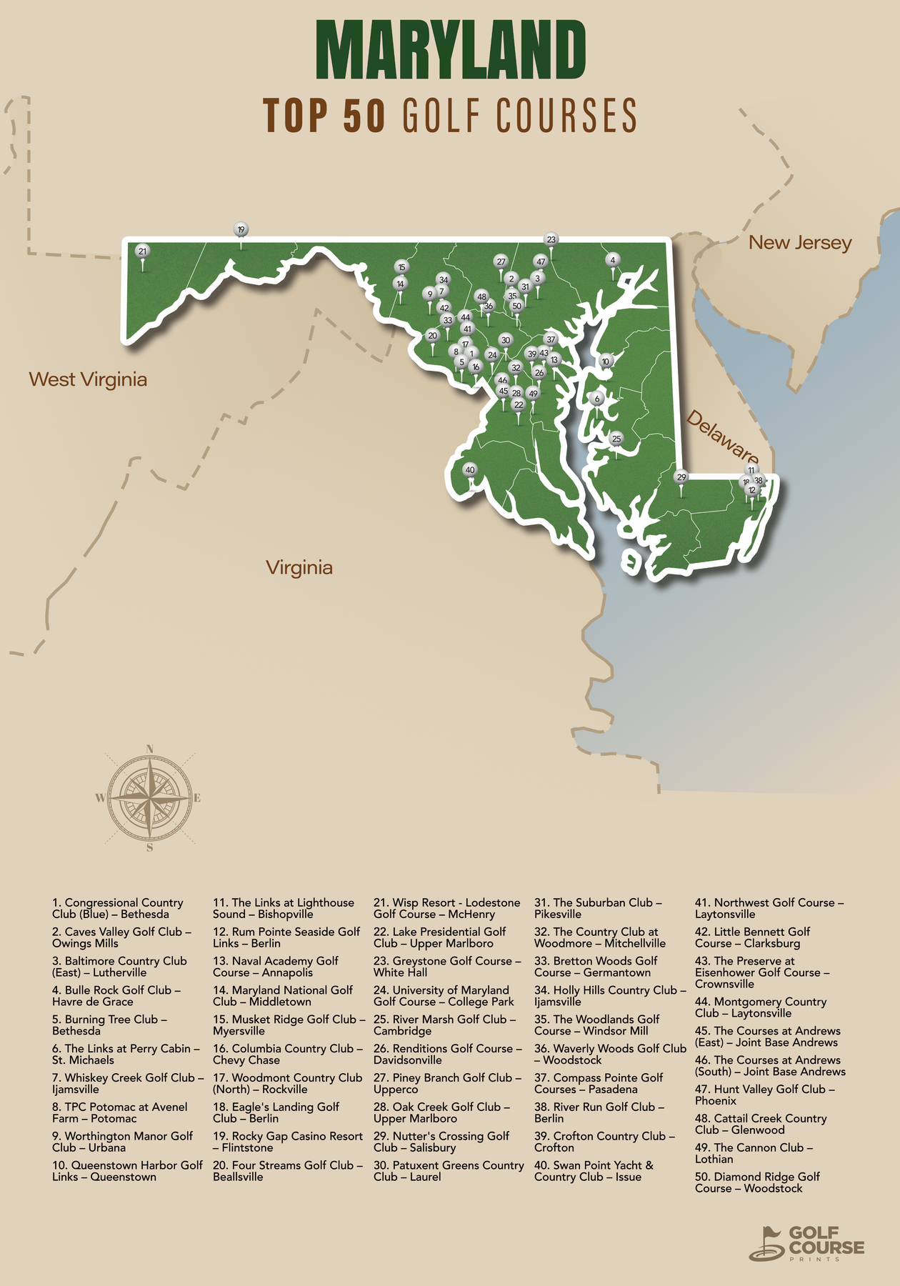 Shop Maryland Golf Courses Map Golf Course Prints