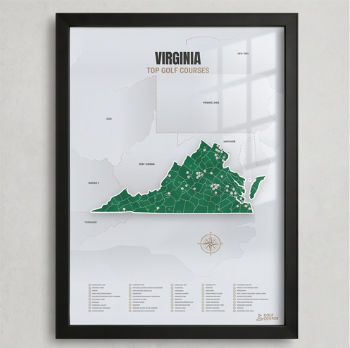 Virginia golf courses map in Green - Black Framed