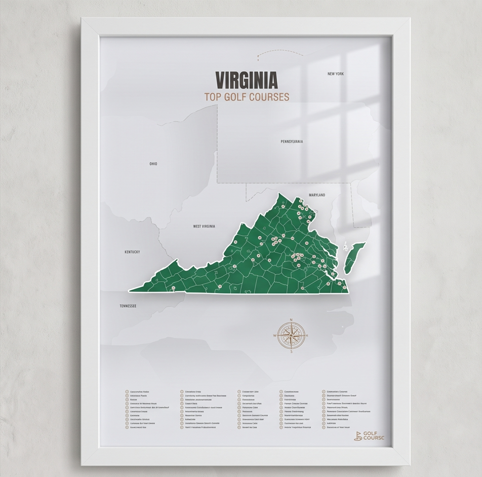 Virginia golf courses map in Green - White Framed