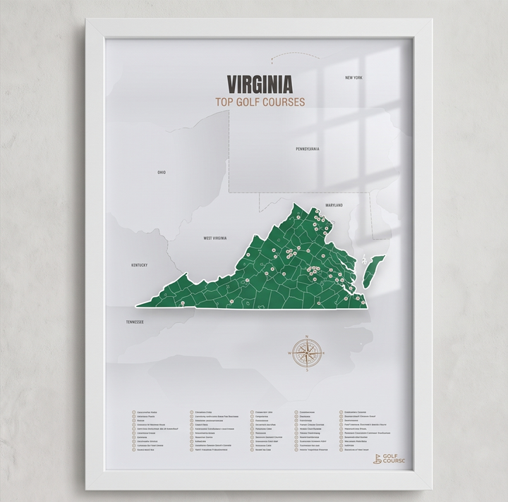 Virginia golf courses map in Green - White Framed