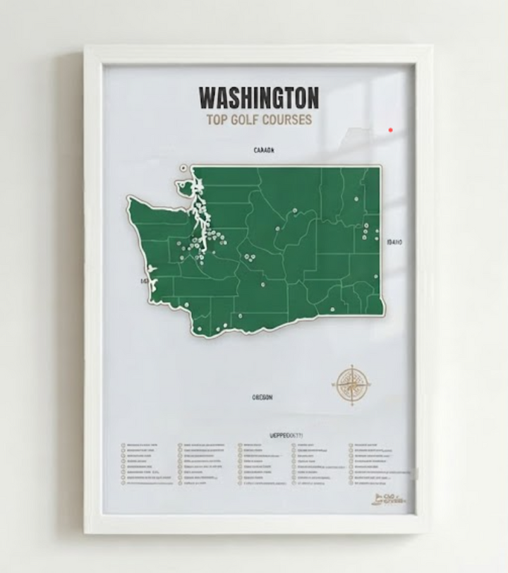 Washington golf courses map in Green - White Framed