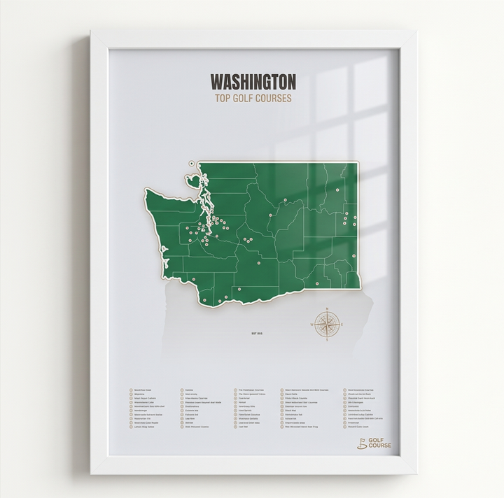 Washington golf courses map in Green - White Framed