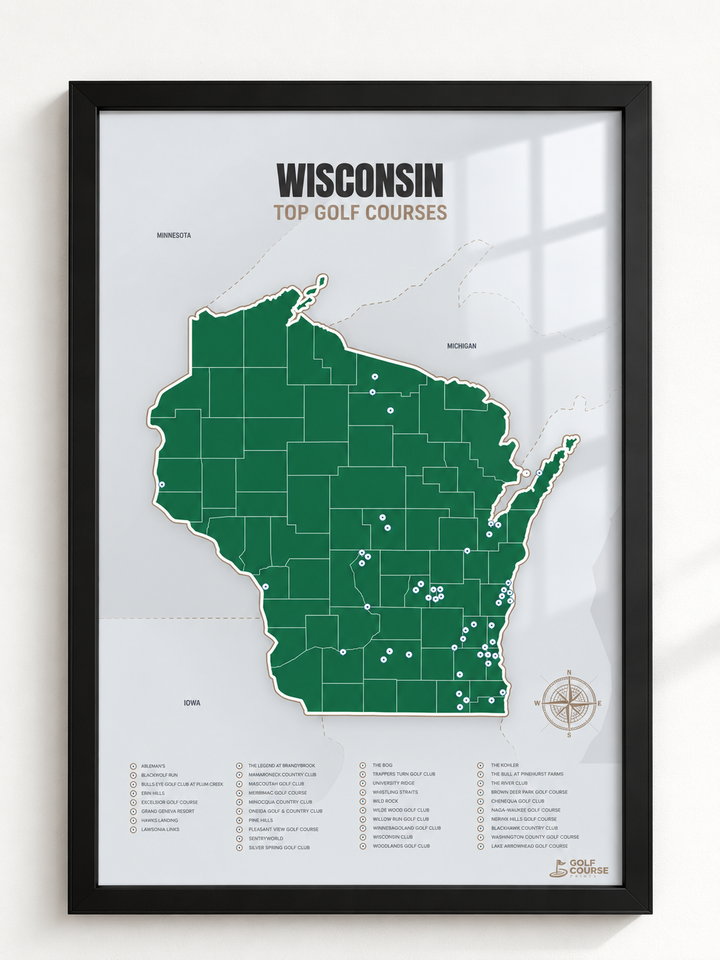 Wisconsin golf courses map in Green - Black Framed