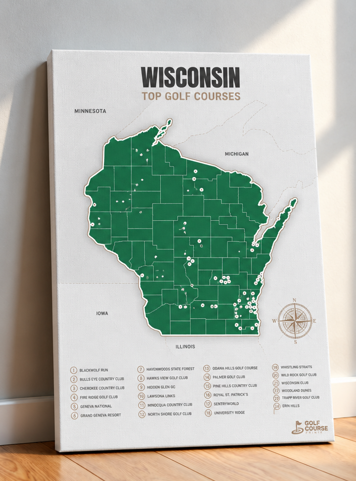 Wisconsin golf courses map in Green - Canvas