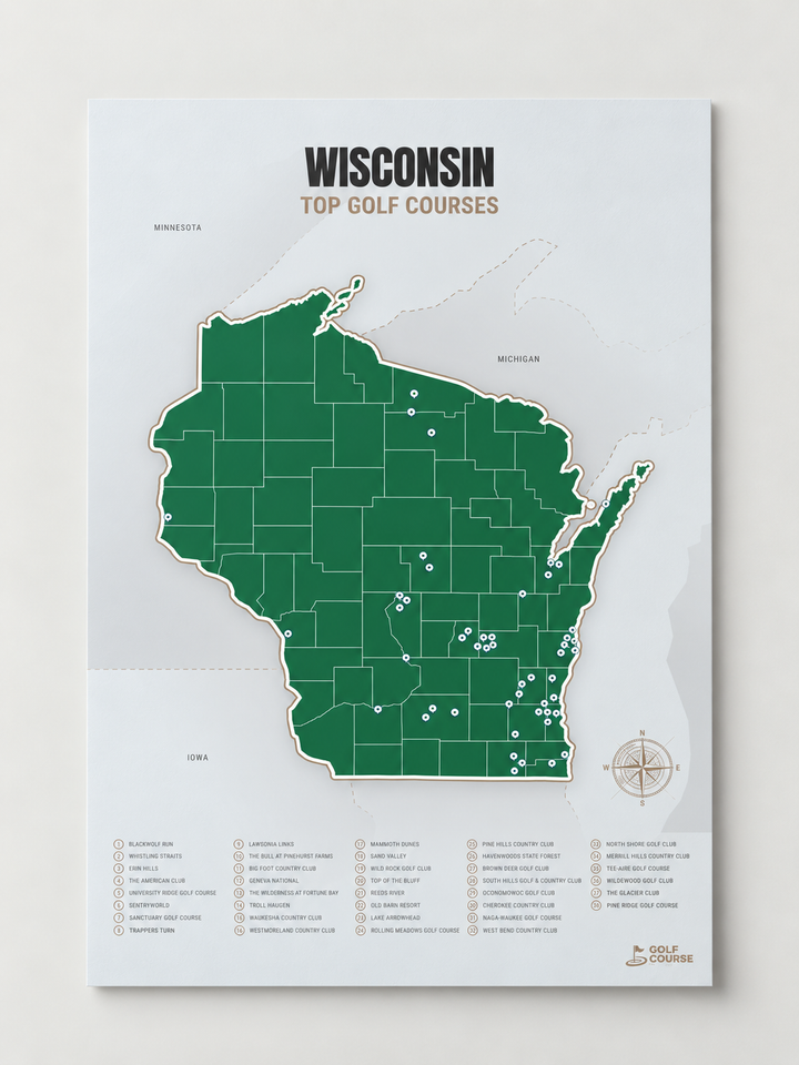 Wisconsin golf courses map in Green - Unframed