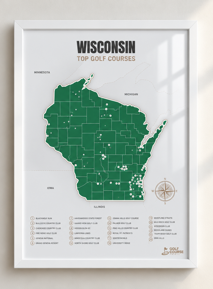Wisconsin golf courses map in Green - White Framed