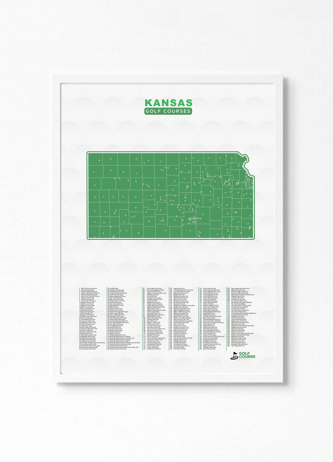 Map of Kansas Golf Courses - Golf Course Prints
